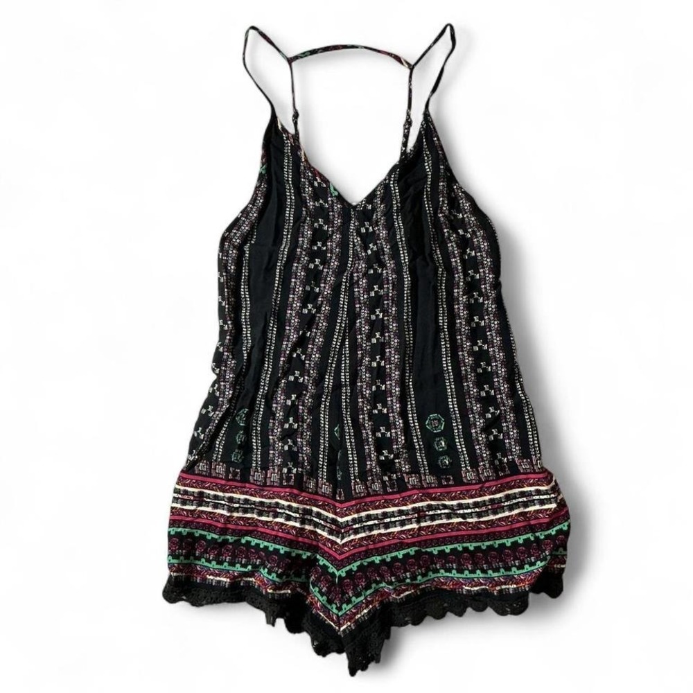 En Creme Black Boho Tribal Print Romper Lace Trim Spaghetti Strap T-Back Large